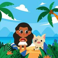 Beautiful Hawaiian Girl and Pig vector