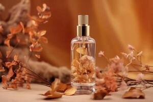 Standing transparent glass cosmetic dropper bottle with dried flowers and leaves on beige background. Autumn composition. Ai generative photo