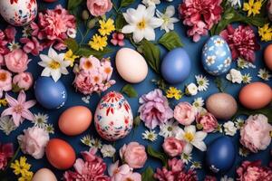 Many different flowers and leaves with Easter eggs. Abstract natural frame composition with space for text. photo