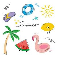 Cartoon summer elements, travel, beach, summertime accessory. Vector summertime set with summer items watermelon,flamingos,slipper, palm, lemon. Doodle cartoon illustration. Vector illustration