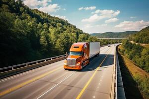 naranja camión conducción en carretera, generativo ai foto