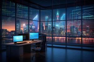 Modern corporate office with business referencing city skyline background. photo