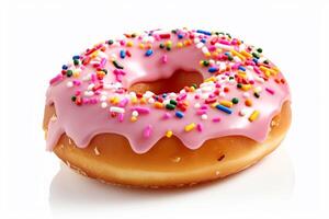 Pink donut with colorful sprinkles Isolated on white background, photo