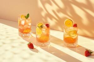Summer cocktail in the sun. Fresh juicy drink in glass with shadow make trendy pattern on gray background. photo