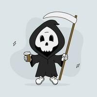 Death character with coffee cup, Cute mystic mascot, Funny halloween vector