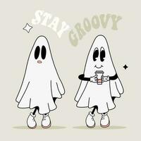 Groovy ghosts with coffee cup, funny halloween characters,  Groovy lettering Stay Groovy, Morning mascot. Sad white sheet ghost. vector