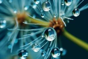 diente de león con gotas de agua en un azul y turquesa hermosa fondo, generativo ai foto