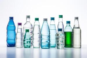 muchos agua botellas de diferente tamaños son aislado en blanco fondo, generativo ai foto