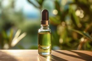 Cosmetic glass dropper bottle with oil, serum or fruit peeling in the sunlight. Green eucalyptus in soft focus. Beauty product presentation on natural background. Ai generative photo