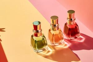 perfume vaso botellas de diferente brillante colores en pie en rosado antecedentes. resumen modelo por oscuridad y reflexiones en luz de sol. ai generativo foto