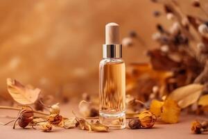 Standing transparent glass cosmetic dropper bottle with dried flowers and leaves on beige background. Autumn composition. photo