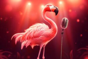 Stylish flamingo singer with microphone on stage on pink background. photo