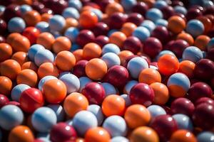 Children's plastic balls on the playground, Round balloons in rainbow bright colors. . photo