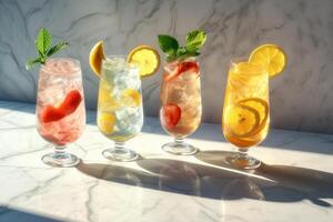 Summer cocktail in the sun. Fresh juicy drink in glass with shadow make trendy pattern on gray marble background. photo