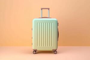 Suitcase on a pastel background. Travel and vacation concept in triples. photo