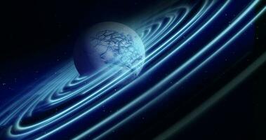 Abstract blue space planet with a round asteroid belt ring futuristic hi-tech on the background of stars in open space photo