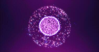 Abstract purple round sphere energy molecule from futuristic high-tech glowing particles photo