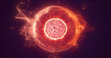 Abstract red orange round sphere energy molecule from futuristic high-tech glowing particles photo