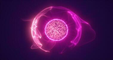 Abstract purple round sphere energy molecule from futuristic high-tech glowing particles photo