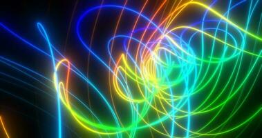 Abstract multi-colored rainbow neon energy laser lines flying on a black background photo