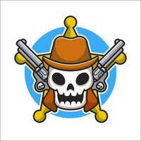 Cute Sheriff Skull With Gun Cartoon Vector Icon Illustration.  Skull Sheriff Icon Concept Isolated Premium Vector. Flat  Cartoon Style