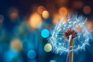 Dandelion with droplets of water on a blue and turquoise beautiful background, photo