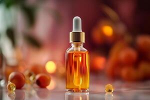 Essential oil, face serum or fruit peel in amber glass dropper bottle. Cosmetics scene background. Presentation of beauty products, photo