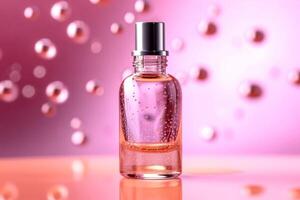 transparente vaso cuentagotas botella con aire burbuja modelo en rosado antecedentes en luz de sol. generativo ai foto