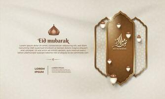 Eid mubarak with a islamic frame pattern and lantern on a light background vector