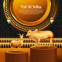 Eid al adha islamic greeting card with goat and cow , poster, banner design, vector illustration