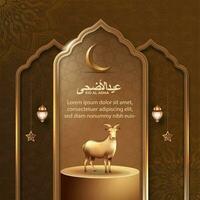 Eid al adha islamic greeting card with goat and islamic pattern for poster, banner design. vector illustration