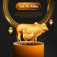 Eid al adha islamic greeting card with goat and cow , poster, banner design, vector illustration