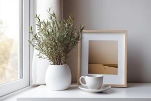 Breakfast still life. Cup of coffee, books and blank photo frame mockup on wooden table