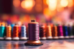multicolor hilos en el bobina desde el de coser máquina en un borroso fondo, ai generativo foto