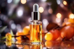 Essential oil, face serum or fruit peel in amber glass dropper bottle. Cosmetics scene background. Presentation of beauty products, Ai generative photo