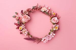 Different tiny flowers in a bouquet on a pink background with copy space. Flat layout with text space. Romantic feminine flatlay, photo