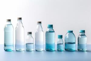 Many water bottles of different sizes are isolated on white background, photo