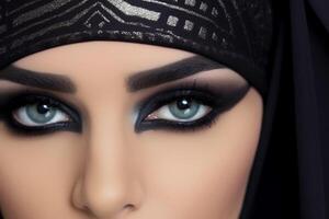 Portrait of beautiful Arab woman with blue eyes wearing black scarf with mascara eyeliner. photo