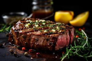 Juicy grilled steak seasoned with butter and spices. photo