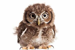 Front view of a perched owl on a white background. photo