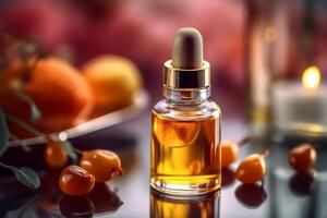 Essential oil, face serum or fruit peel in amber glass dropper bottle. Cosmetics scene background. Presentation of beauty products, photo