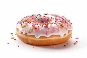 Pink donut with colorful sprinkles Isolated on white background, photo