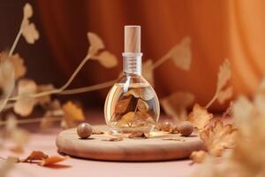 en pie transparente vaso cosmético cuentagotas botella con seco flores y hojas en beige antecedentes. otoño composición. ai generativo foto