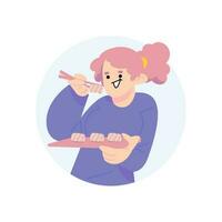 dibujos animados de contento joven mujer sentado con palillos en mano y comiendo Sushi aislado en blanco. hambriento personas comer comida para desayuno, almuerzo o cena vector ilustración