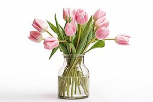 Pink tulip flowers in vase isolated on white background. photo