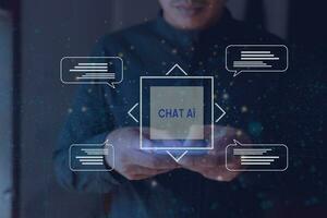 Chat with Artificial Intelligence. Man using AI smart robot technology, artificial intelligence by entering command prompt to produce something, Futuristic technology photo