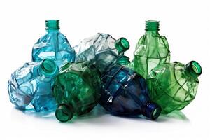 Crumpled plastic bottles. Recycled plastic bottles. Plastic bottle isolated on white background photo