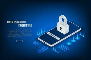 Vector isometric mobile phone abstract digital lock technology background with concept security.