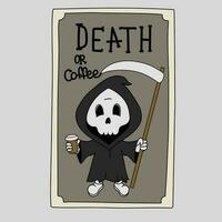 Death tarot card, Halloween funny character with coffee cup, Cute esoteric card vector