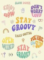 Set of groovy lettering retro slogans. Stay Groovy, Open Mind, Slow down. Set of hippie things. Peace sign hands. Vintage phrases. Trendy groovy print design. vector